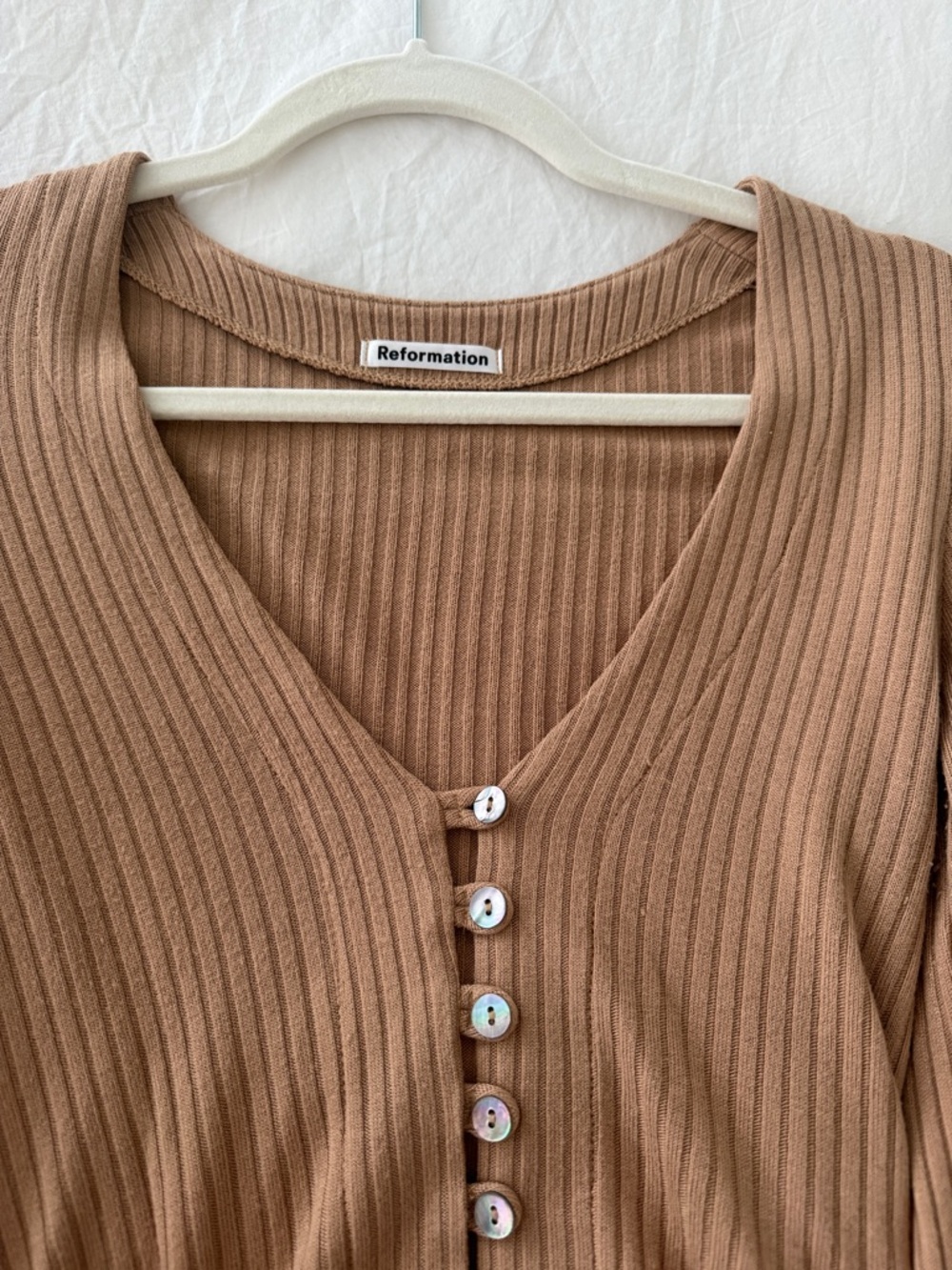 Reformation Ribbed Button-Front V-Neck Top - Tan - Picture 3 of 4